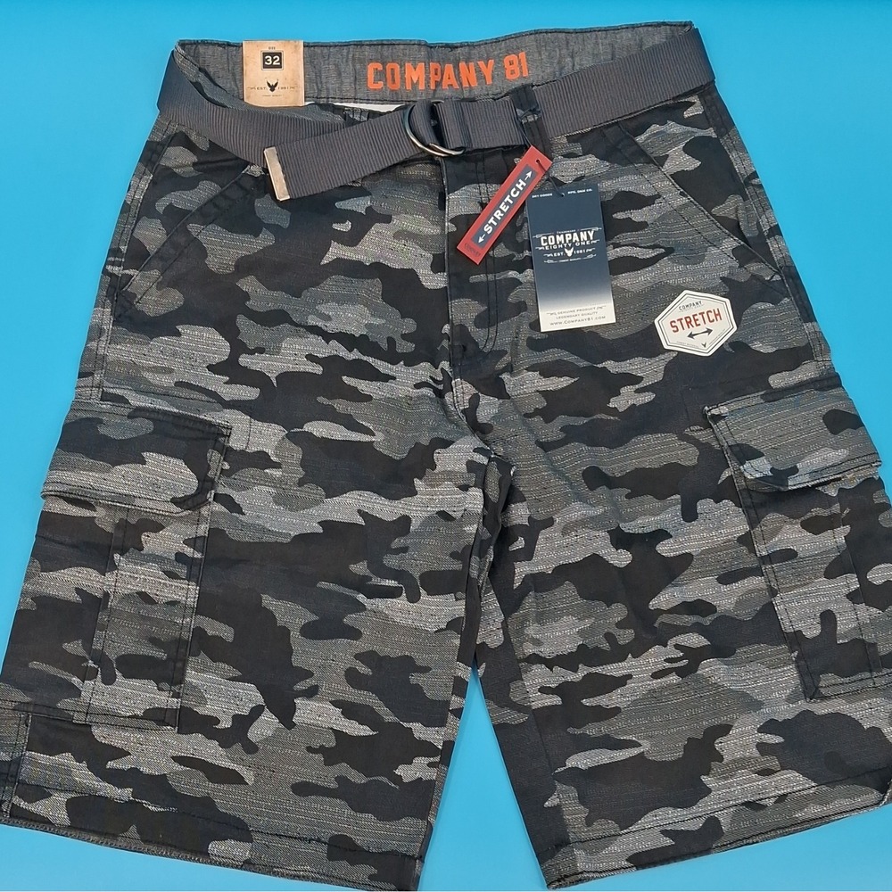 Company 81 Men's Gray Black Camo Cargo Canvas Cotton Stretch Belted Shorts 32"